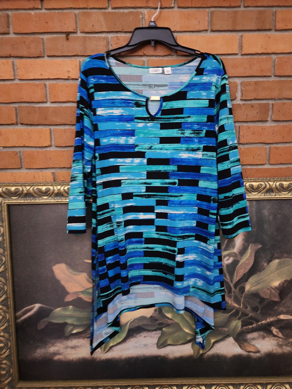 Cato Blue & Teal Striped Keyhole Handkerchief-Hem Tunic Large